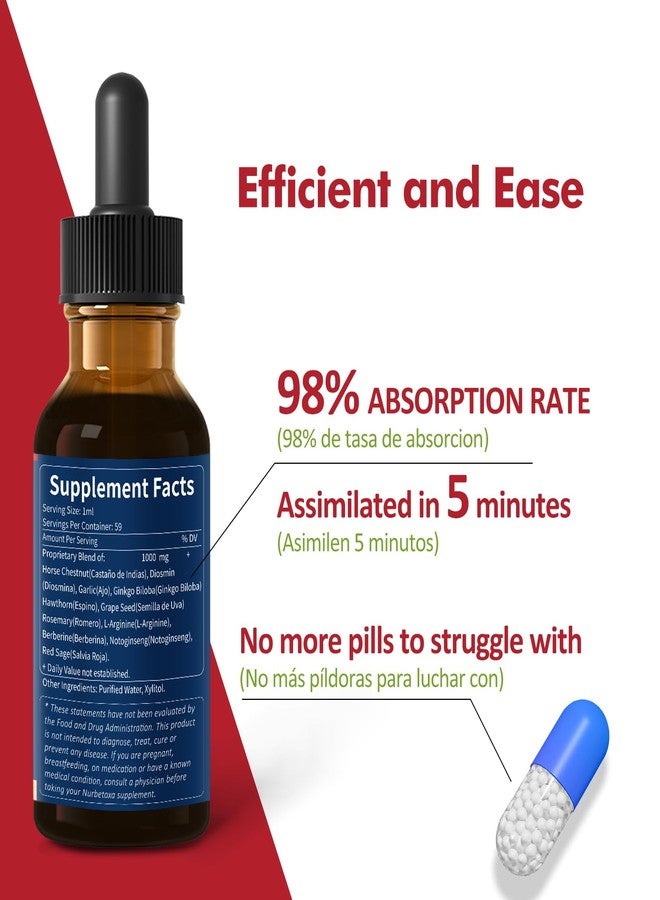 Nurbetoxa قطرات نوربيتوكسا السائلة من مستخلص كستناء الحصان لتحسين الدورة الدموية، كستناء الحصان والديوسمينا للدورة الدموية والدوالي، مكمل أكسيد النيتريك لتحسين تدفق الدم وضغط الدم وصحة القلب. 2 أونصة - Image 2